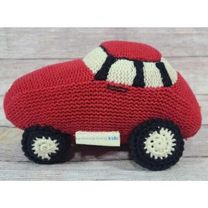 Pottery Barn Kids PBK Plush Knit Crochet Car Racecar Stuffed Toy Red Black 9.5"